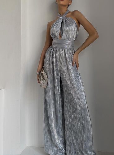 Damen Glamouröser Jumpsuit mit schimmerndem Stoff und tiefer Kern-Ausschnitt Drune
