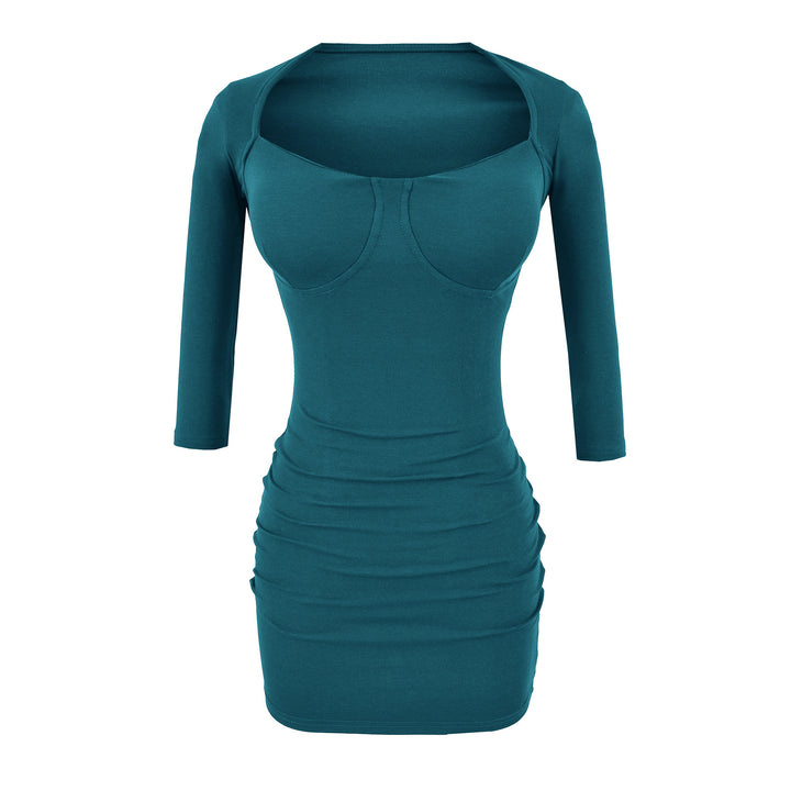 Damen Figurbetontes Midikleid mit eingenähten Cups, weitem Quadrat-Ausschnitt und Raffung Drune
