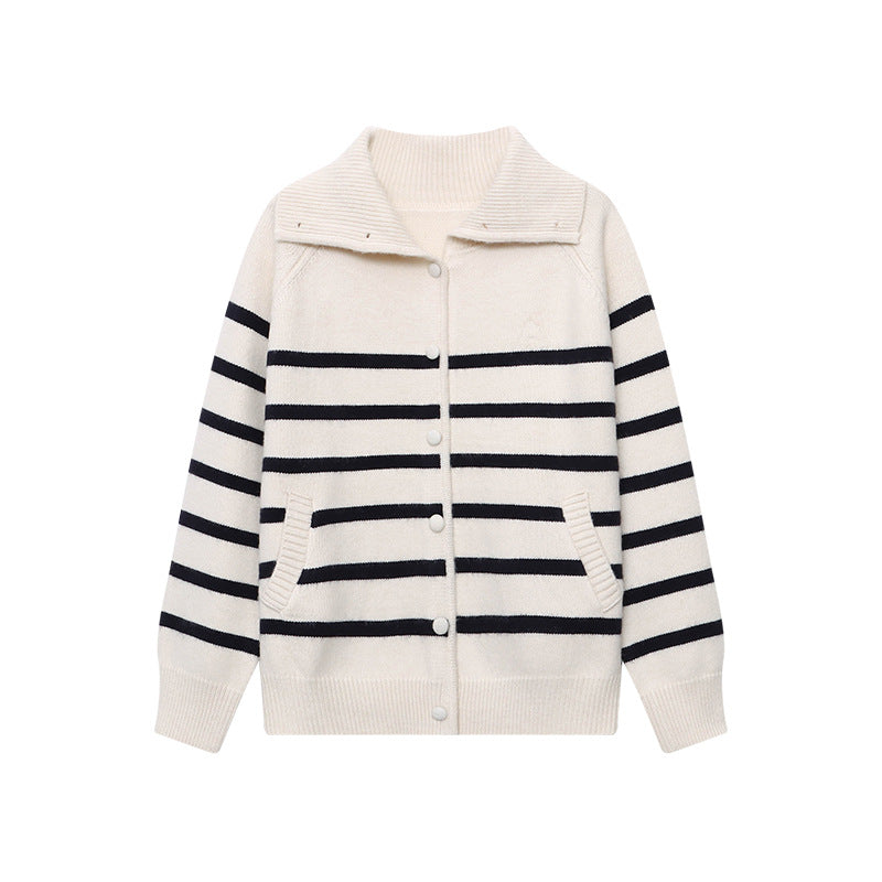 Damen lässige Strickjacke mit Streifenmuster und Kragen Drune