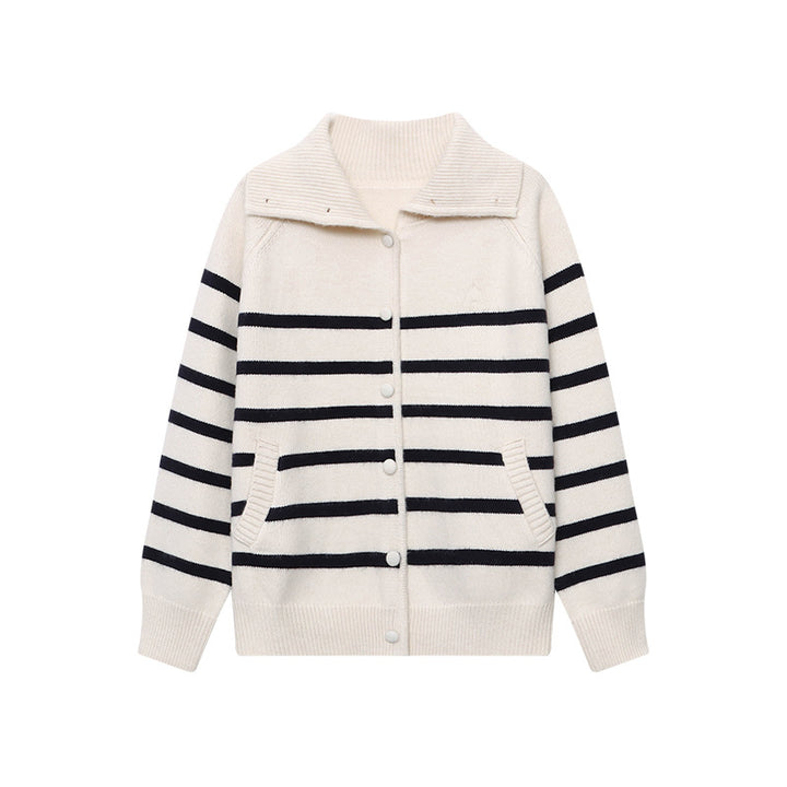 Damen lässige Strickjacke mit Streifenmuster und Kragen Drune