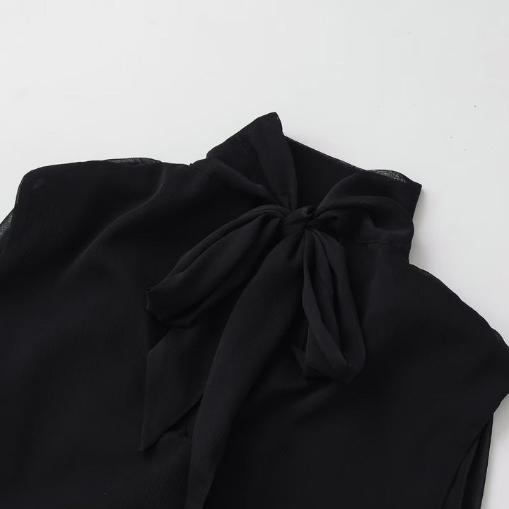 Damen Ärmellose Chiffonbluse mit Schleifenkragen und elastischem Saum Drune