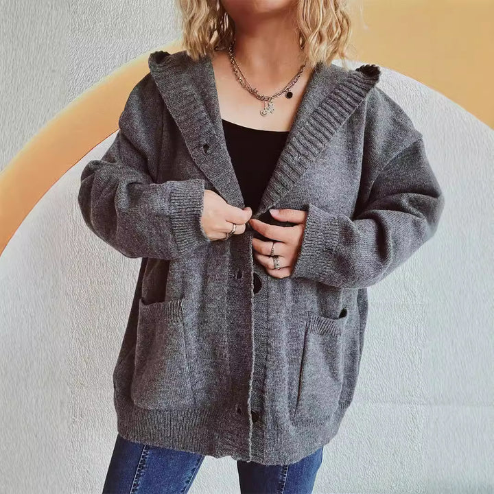 Damen kuschelige Strickjacke mit Kapuze und aufgesetzten Taschen Drune