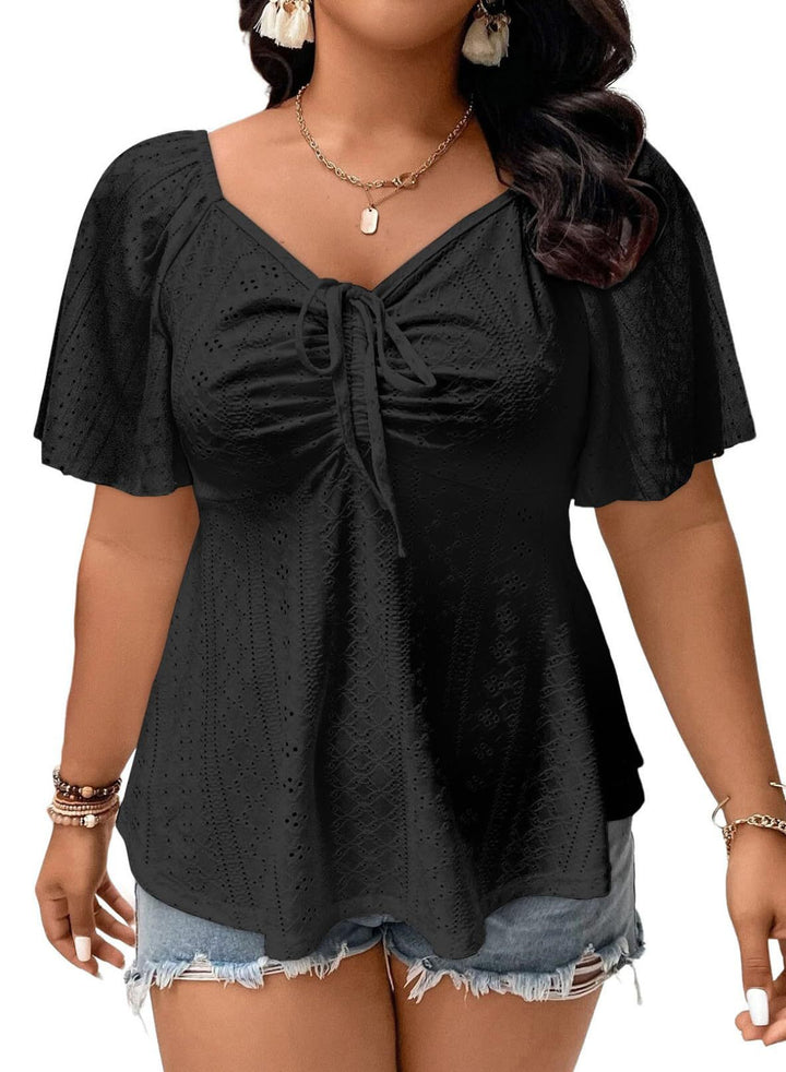 Damen A-Linien Boho-Bluse mit Lochstickerei, Raffung und Bindeband Drune