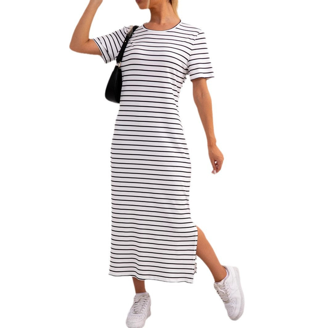 Damen Midi-Kleid mit lässigem Streifenmuster und seitlichem Schlitz Drune