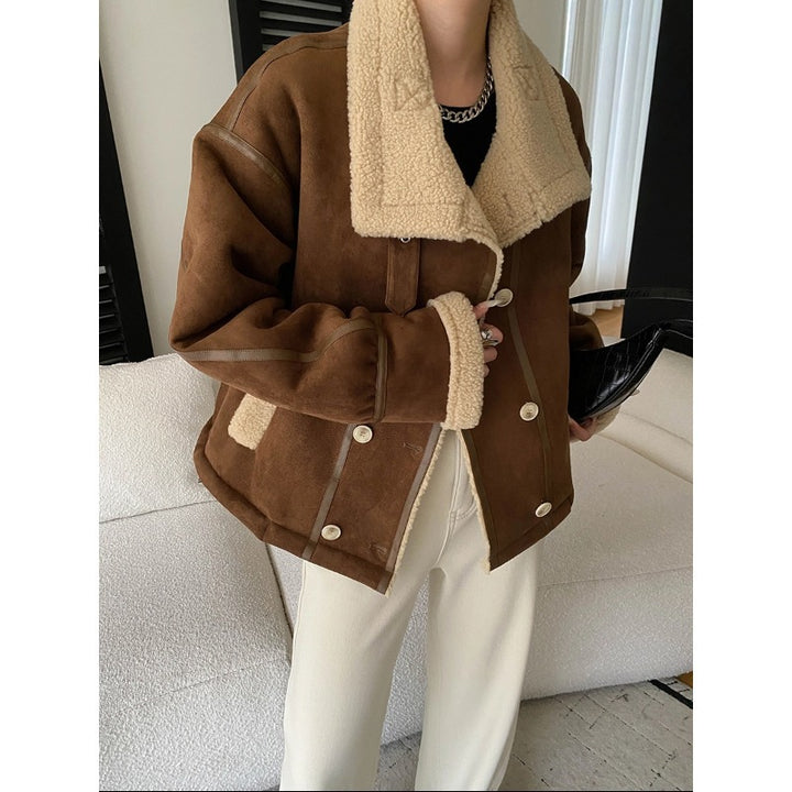 Damen lässige Fleecejacke mit umschlagbarem Kragen und Knopfdetails Drune