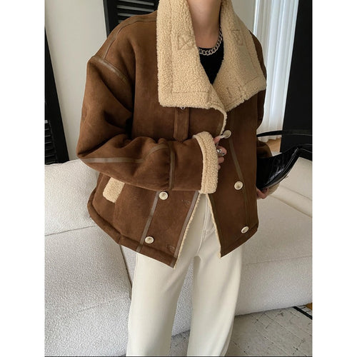 Damen lässige Fleecejacke mit umschlagbarem Kragen und Knopfdetails Drune