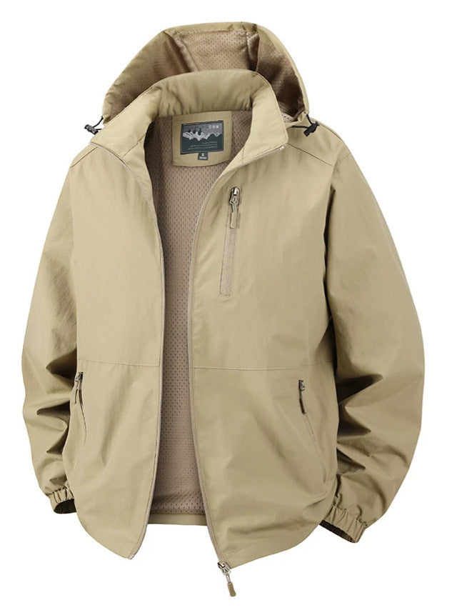 Herren Ultraleichte Allwetter-Outdoorjacke mit Kapuze atmungsaktivem Meshfutter und Reißverschlusstaschen Drune