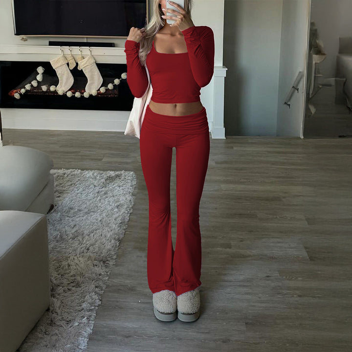 Damen nan figurbetontes Cropped-Set mit langärmeligem Top mit quadratischem Ausschnitt und ausgestellter High‑Waist Yoga-Hose Drune