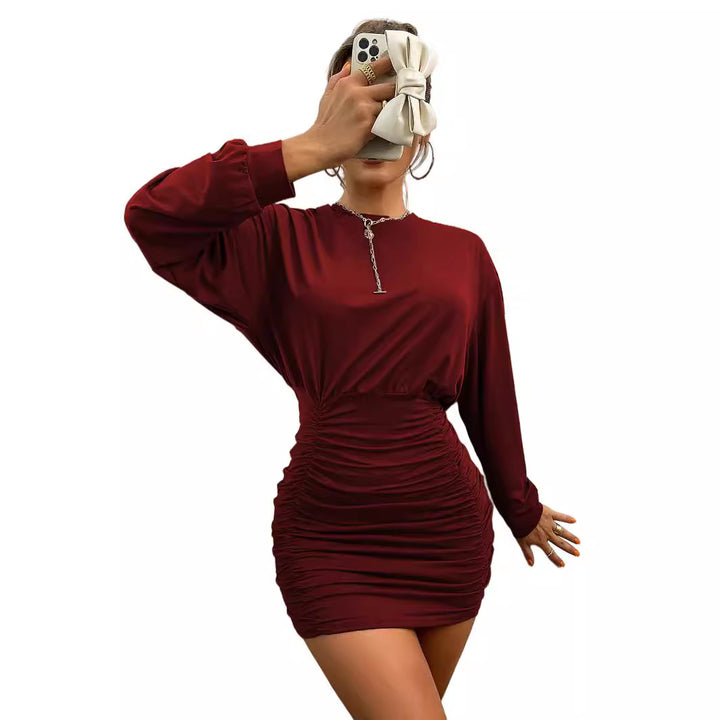 Damen gesmoktes Mini-Kleid mit überschnittener Langarm-Sweatoberteil und taillierter Raffung Drune