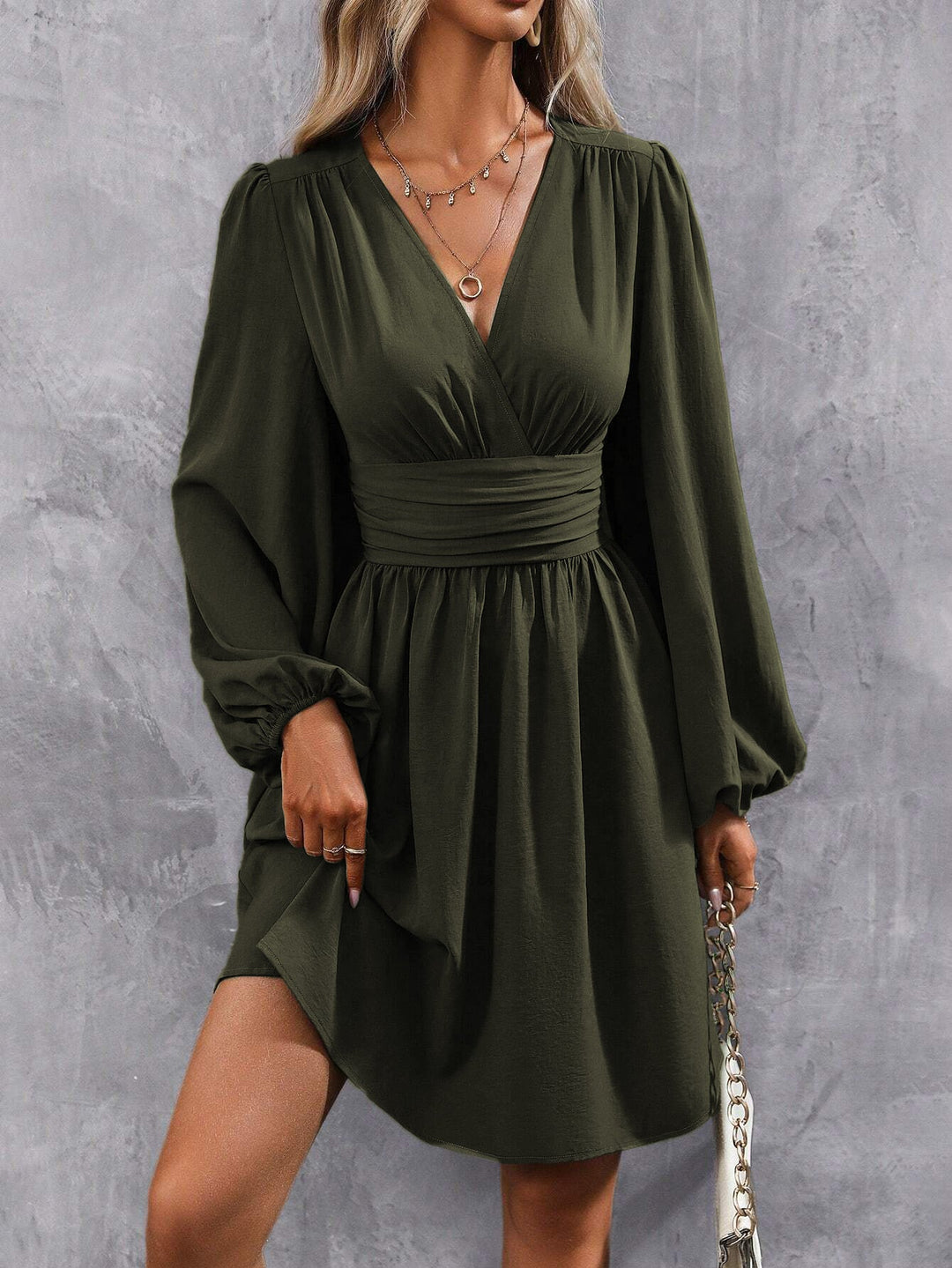 Damen Knielanges Wickelkleid mit eleganten Puffärmeln Drune