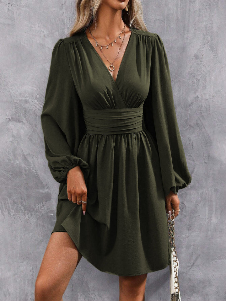 Damen Knielanges Wickelkleid mit eleganten Puffärmeln Drune