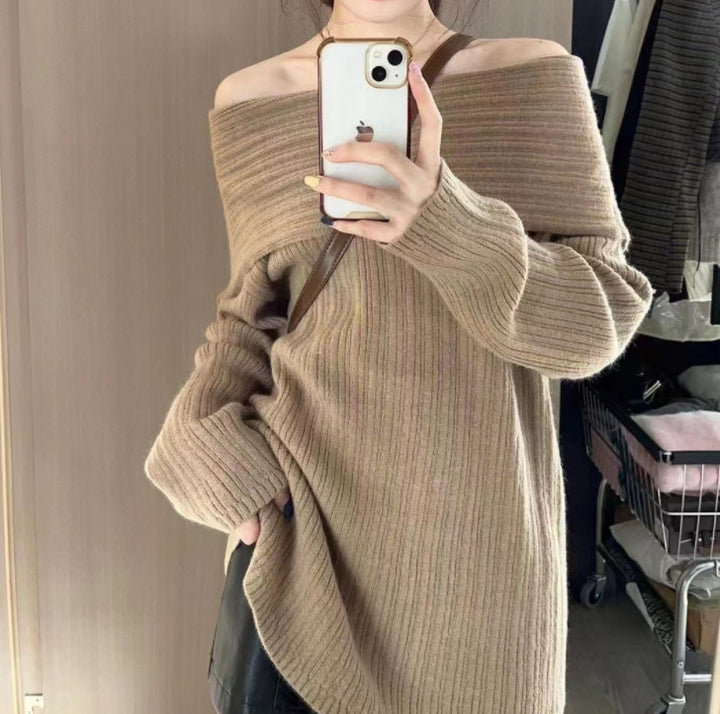 Damen Oversized Pullover mit lässigem Off-Shoulder Design und feiner Rippstruktur Drune