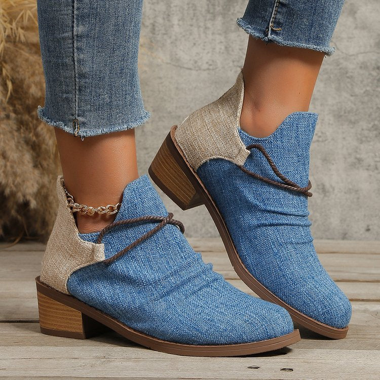 Damen Kurzstiefelette mit Leoparden-Print, Canvas-Obermaterial, dekorativem Flechtriemen und niedrigem Blockabsatz Drune
