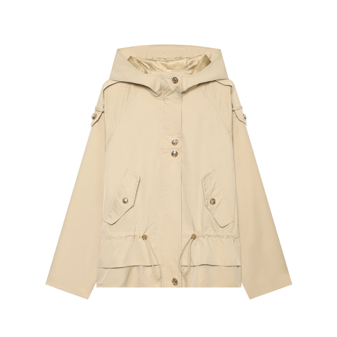 Damen leichter taillierbarer Kapuzen‑Parka mit Tunnelzug, Pattentaschen und Knopfleiste Drune