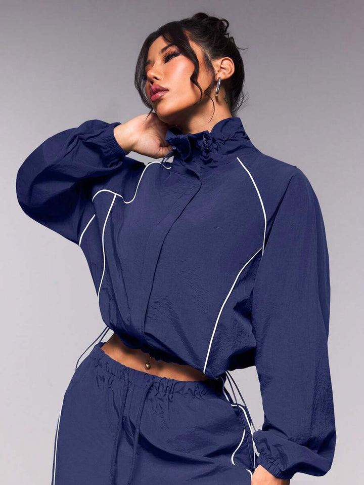 Damen sportives Cropped Windbreaker-Set mit Stehkragen Tunnelzug und reflektierenden Paspeln Drune