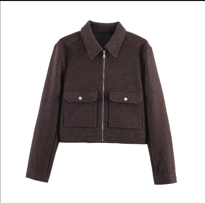 Damen 70+ kurze Wollmix‑Blousonjacke mit Reißverschluss, Hemdkragen und Pattentaschen Drune