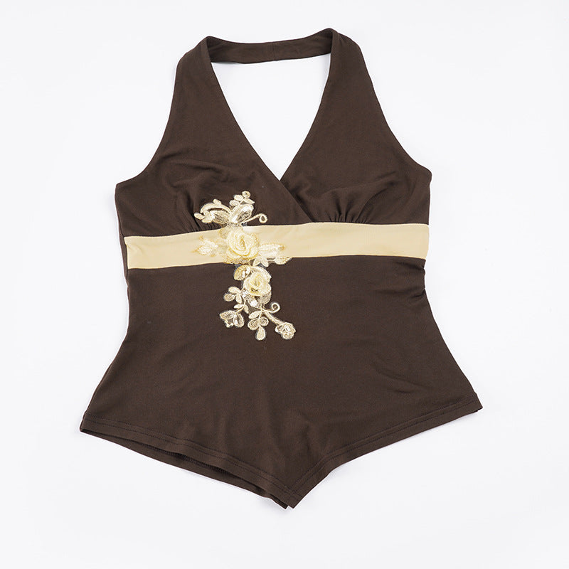 Damen Elegant geschnittenes Badeoutfit mit Blumenstickerei Drune