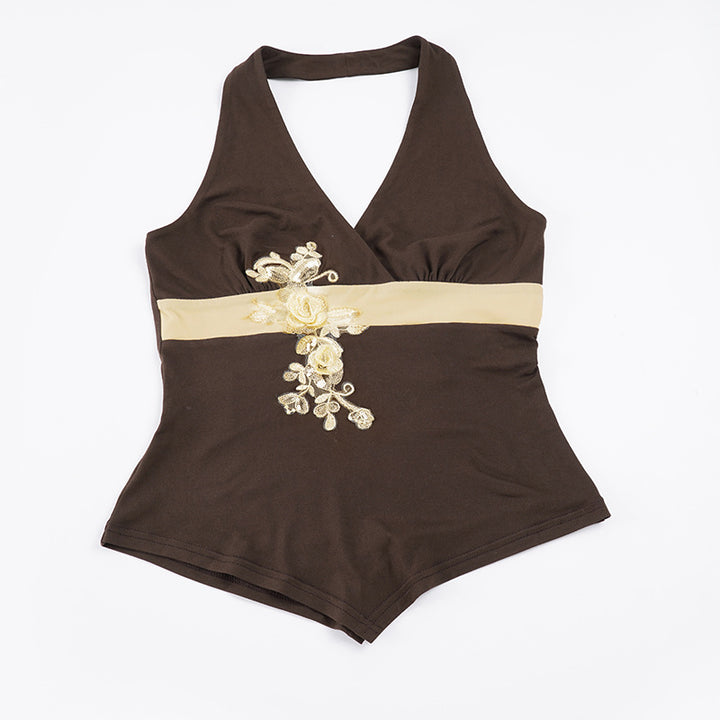 Damen Elegant geschnittenes Badeoutfit mit Blumenstickerei Drune