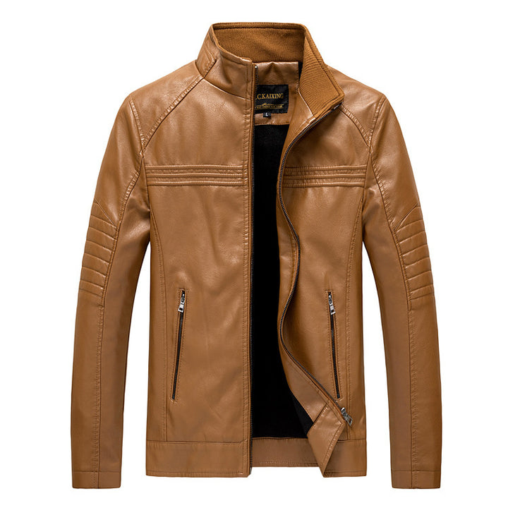 Herren Slim-Fit Kunstleder-Motojacke mit Stehkragen und gesteppter Ärmelpasse Drune