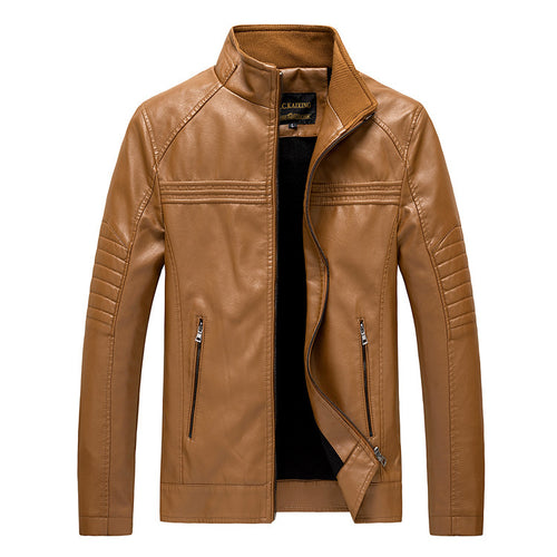 Herren Slim-Fit Kunstleder-Motojacke mit Stehkragen und gesteppter Ärmelpasse Drune