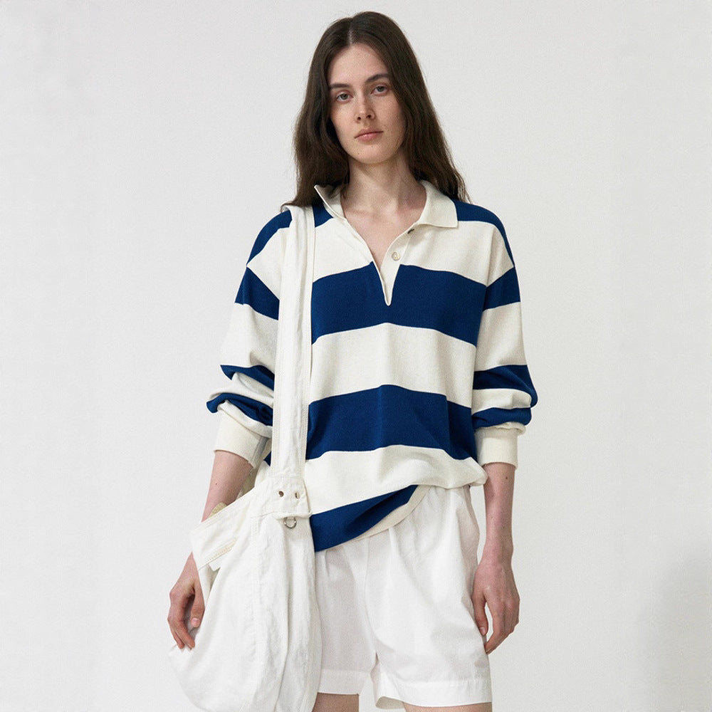 Damen Lässiges Poloshirt mit gestreiftem Design und langem Arm Drune