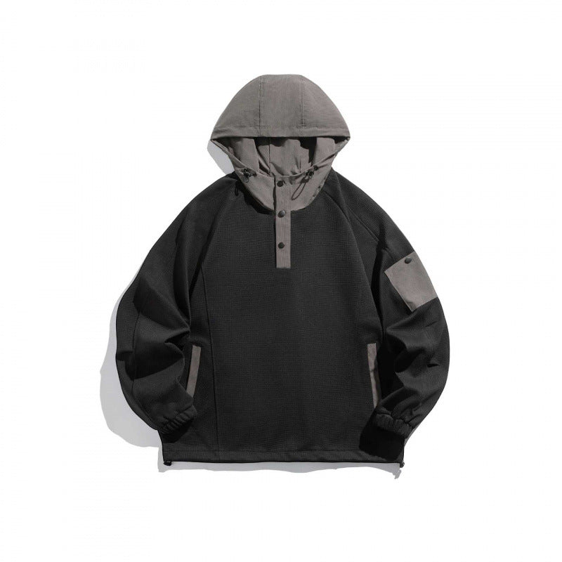 Unisex Technischer Kapuzenpullover im Oversize‑Cut mit Henley‑Knopfleiste, Patchtasche und tunnelzug Drune