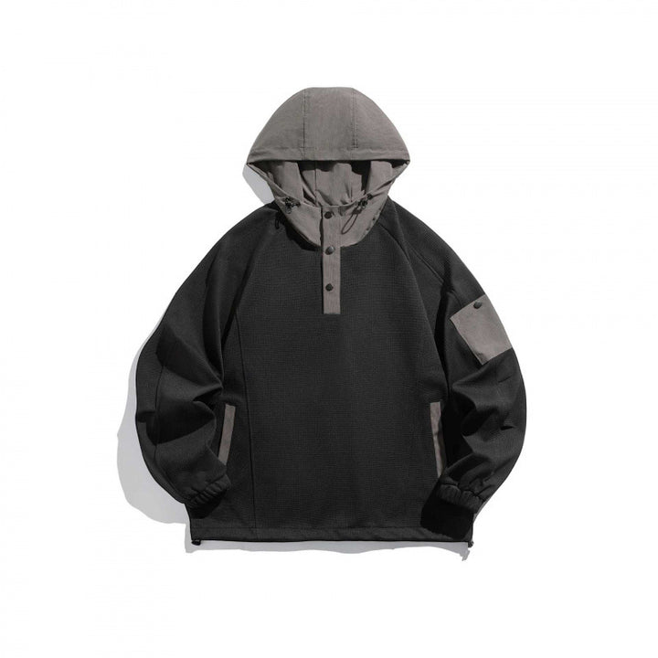 Unisex Technischer Kapuzenpullover im Oversize‑Cut mit Henley‑Knopfleiste, Patchtasche und tunnelzug Drune