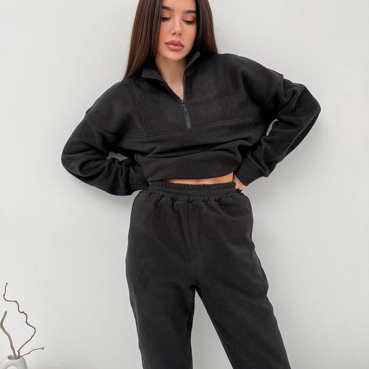 Damen Kuscheliges Fleece-Loungewear-Set mit halbem Reißverschluss und elastischer Jogginghose Drune