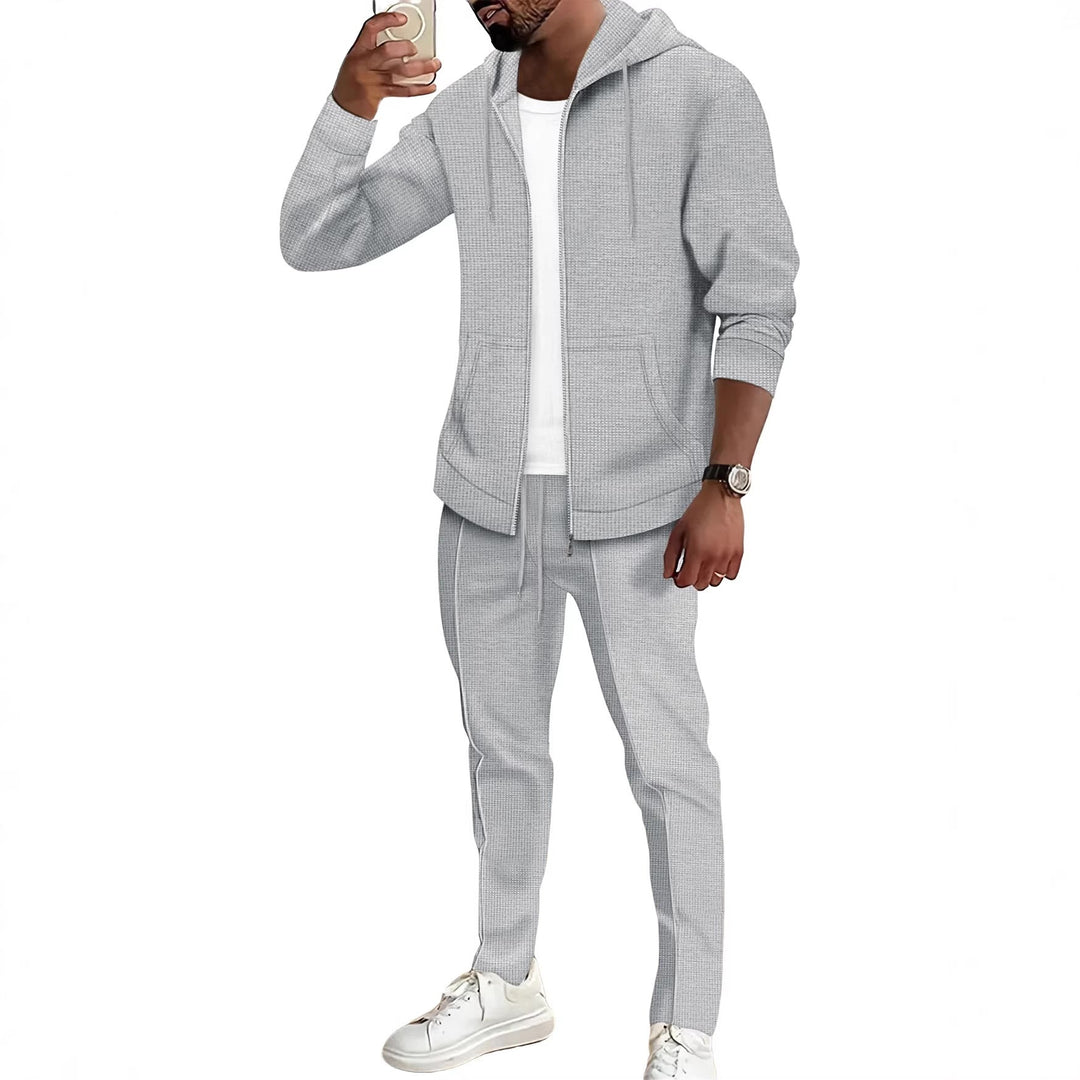 Herren nan Waffelstruktur-Jogginganzug mit Kapuzen-Zipjacke und konisch geschnittener Jogginghose Drune