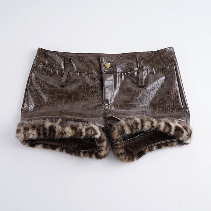 Damen Leder-Shorts mit Leopardenbesatz Drune