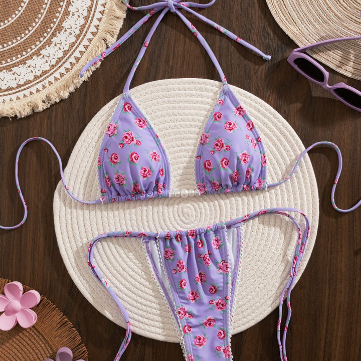Damen Triangel-Bikini mit floralem Druck und verspielten Rüschen Drune