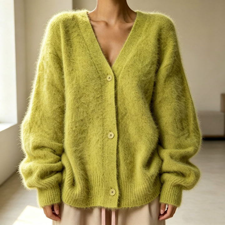Damen Kuscheliger Oversize-Cardigan aus Teddy-Strick mit tiefem V-Ausschnitt Drune