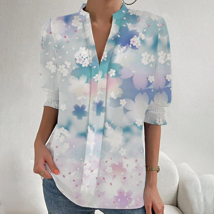 Damen Blumenprint Tunika-Bluse mit Stehkragen, geschlitzter V‑Blende und gerafften 3/4-Ärmeln Drune