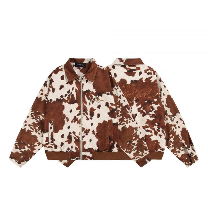 Unisex Boxy-Bomberjacke mit Kuhmuster, Reißverschluss und Rippbund Drune