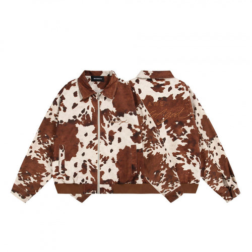 Unisex Boxy-Bomberjacke mit Kuhmuster, Reißverschluss und Rippbund Drune