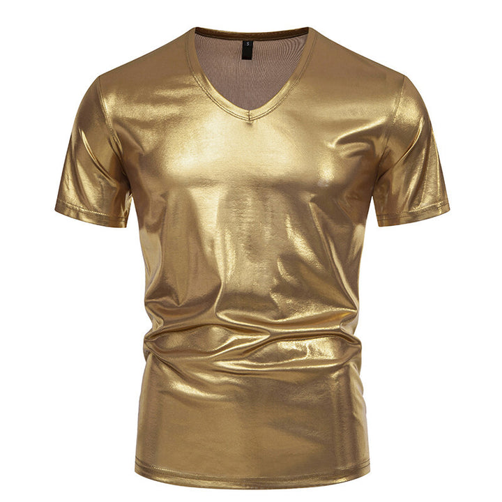 Herren Glänzendes Metallisches V-Ausschnitt T-Shirt Drune