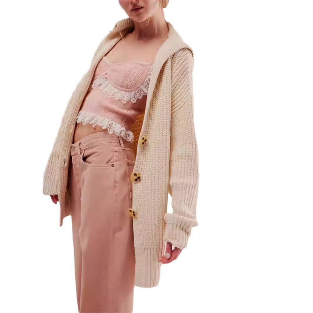 Damen Grobstrickjacke mit modernem Reverskragen und dekorativen Knöpfen Drune