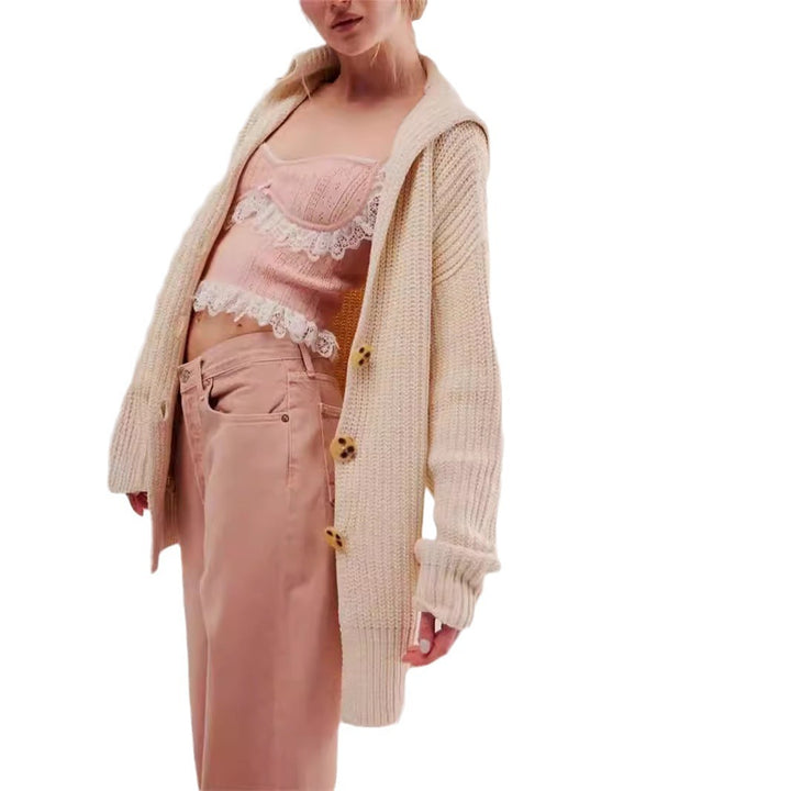 Damen Grobstrickjacke mit modernem Reverskragen und dekorativen Knöpfen Drune