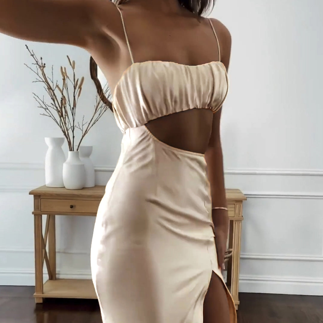 Damen Elegantes Cut-Out Kleid mit schmalen Spaghetti-Trägern und drapiertem Oberteil Drune