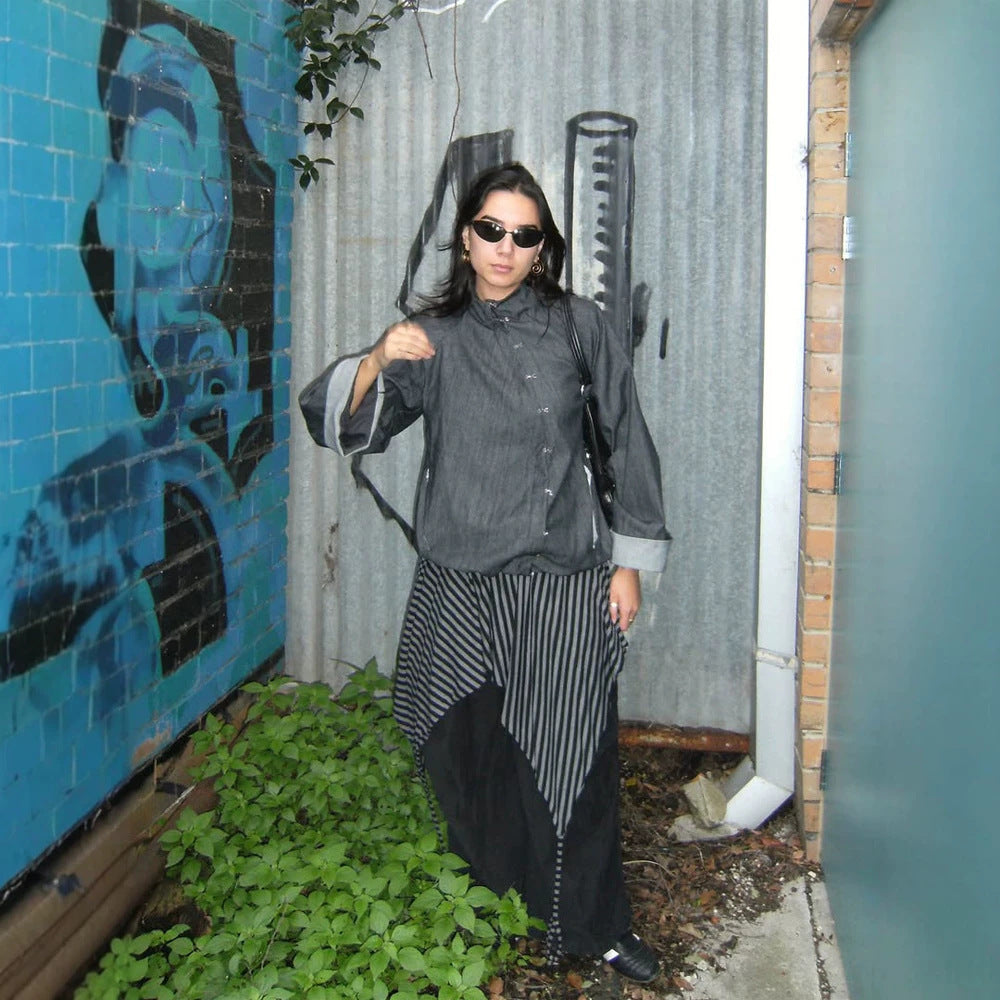 Damen Oversize-Boxy-Jacke mit asymmetrischem Druckknopfverschluss und Ärmeltasche Drune