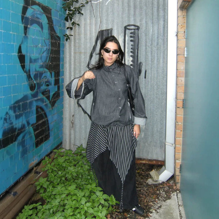Damen Oversize-Boxy-Jacke mit asymmetrischem Druckknopfverschluss und Ärmeltasche Drune