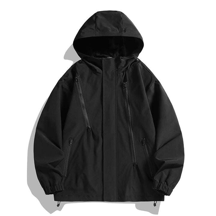 Herren wasserabweisende Kapuzenjacke mit diagonal verlaufenden Reißverschlüssen und verstellbarem Saum Drune