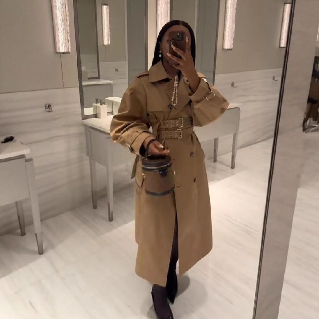 Damen Langer doppelreihiger Trenchcoat mit tailliertem Doppelgürtel, Ballonärmeln und Epauletten Drune