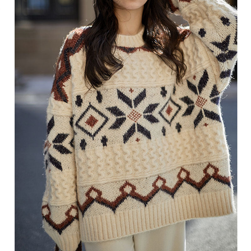Damen Grobstrickpullover mit geometrischem Muster und Rundhalsausschnitt Drune