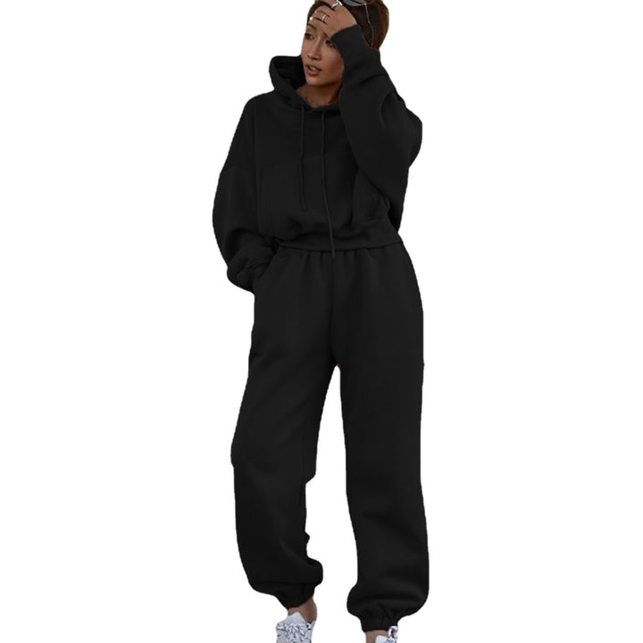 Damen kurzes Oversize-Kapuzenpullover-Set mit elastischer High-Waist-Jogginghose aus Baumwollfleece Drune