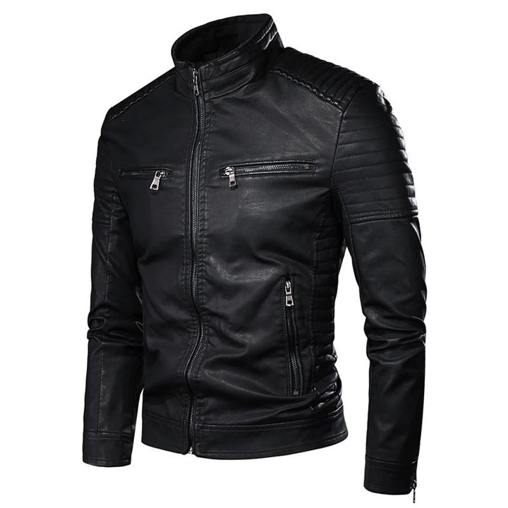 Herren Slim-Fit Biker-Lederjacke mit Stehkragen und gesteppter Schulterpartie Drune