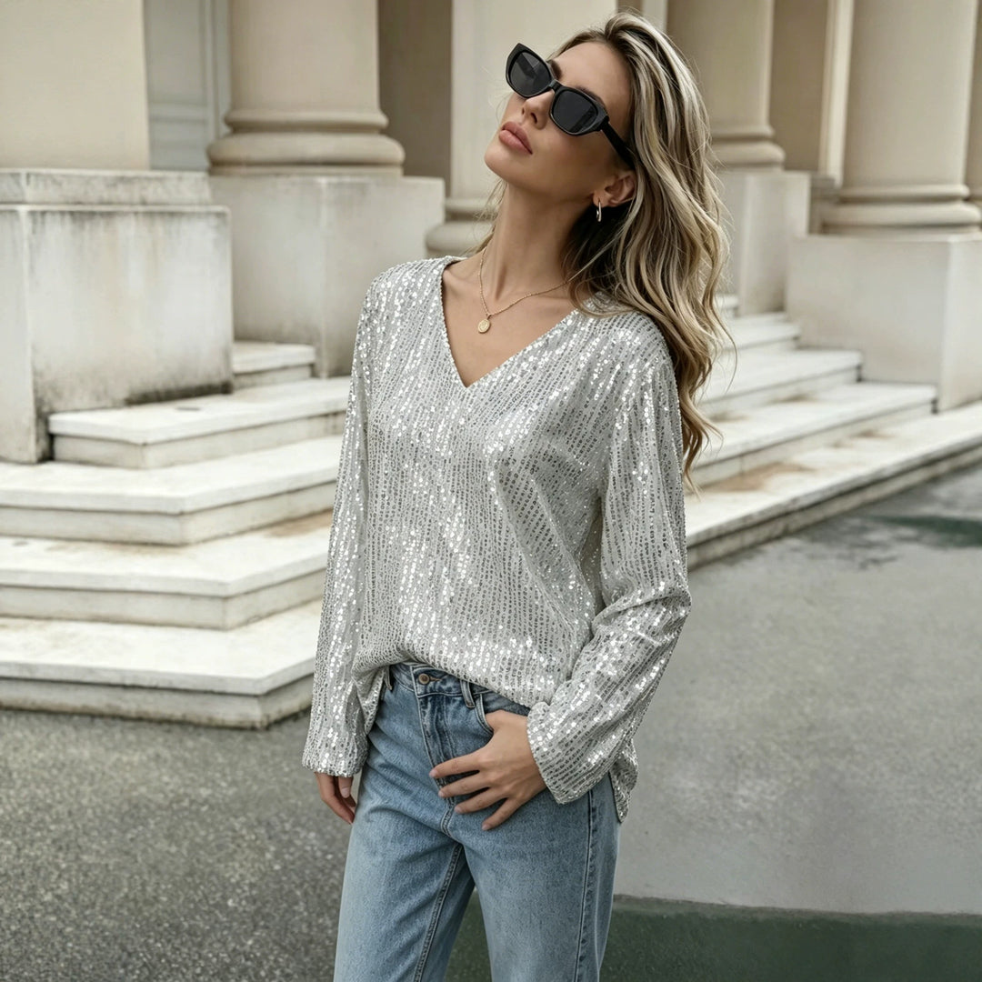 Damen Glitzerndes Pailletten-Longsleeve mit V-Ausschnitt und legerer Tunika-Silhouette Drune