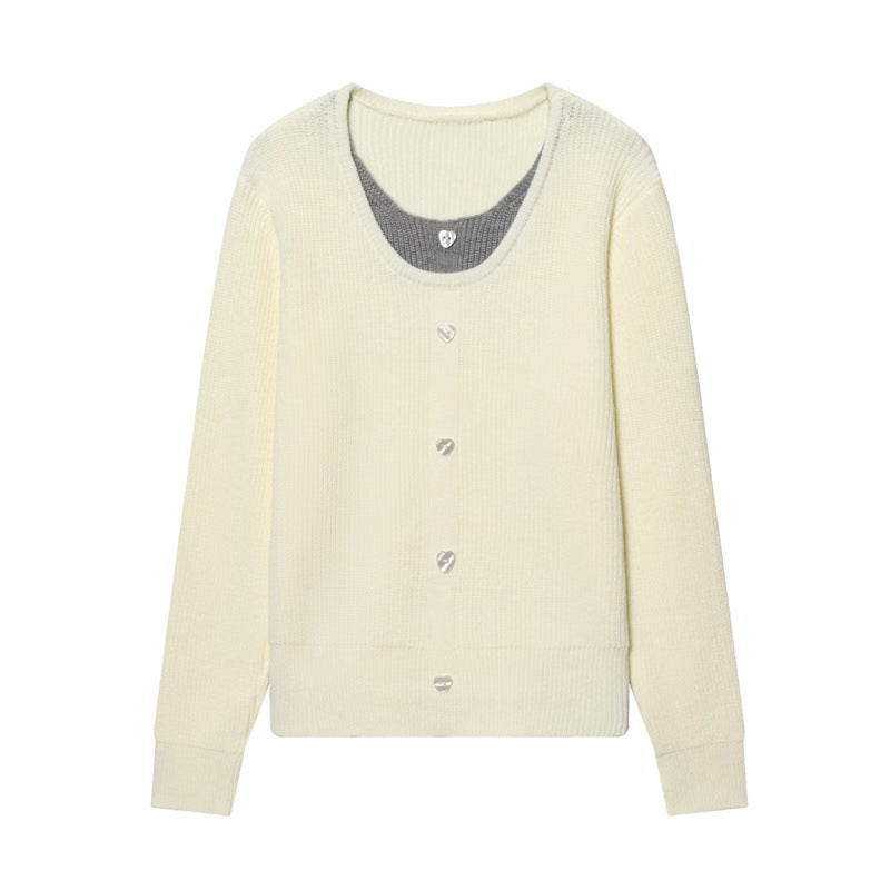 Damen zweilagiger Feinstrick-Cardigan mit integriertem Untertop und Herzknöpfen Drune