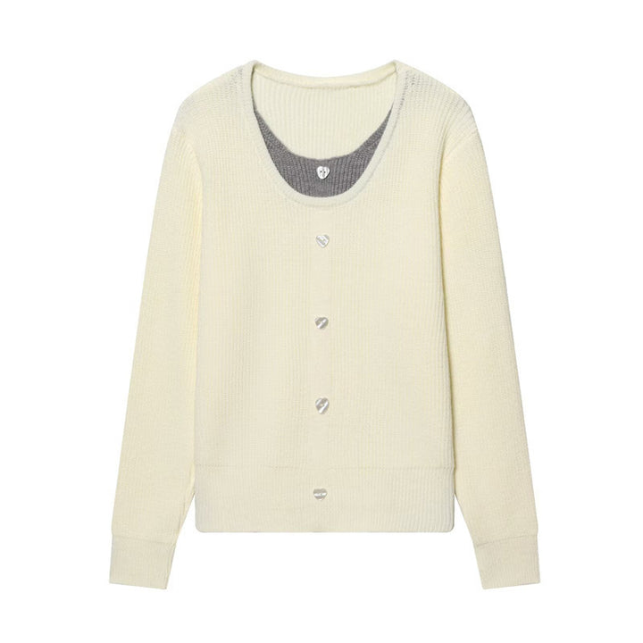 Damen zweilagiger Feinstrick-Cardigan mit integriertem Untertop und Herzknöpfen Drune