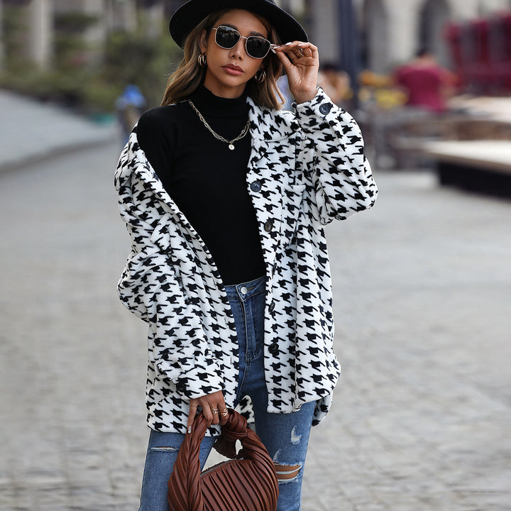 Damen Modische Plüschjacke mit Hahnentrittmuster und praktischen Taschen Drune